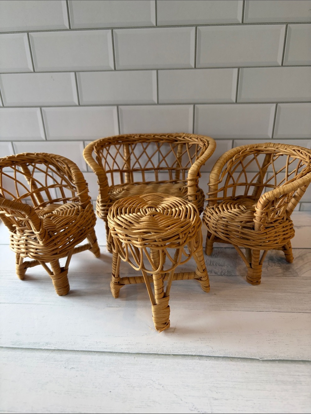 Mini Woven Rattan Chair and Stool Set - Dollhouse Furniture
